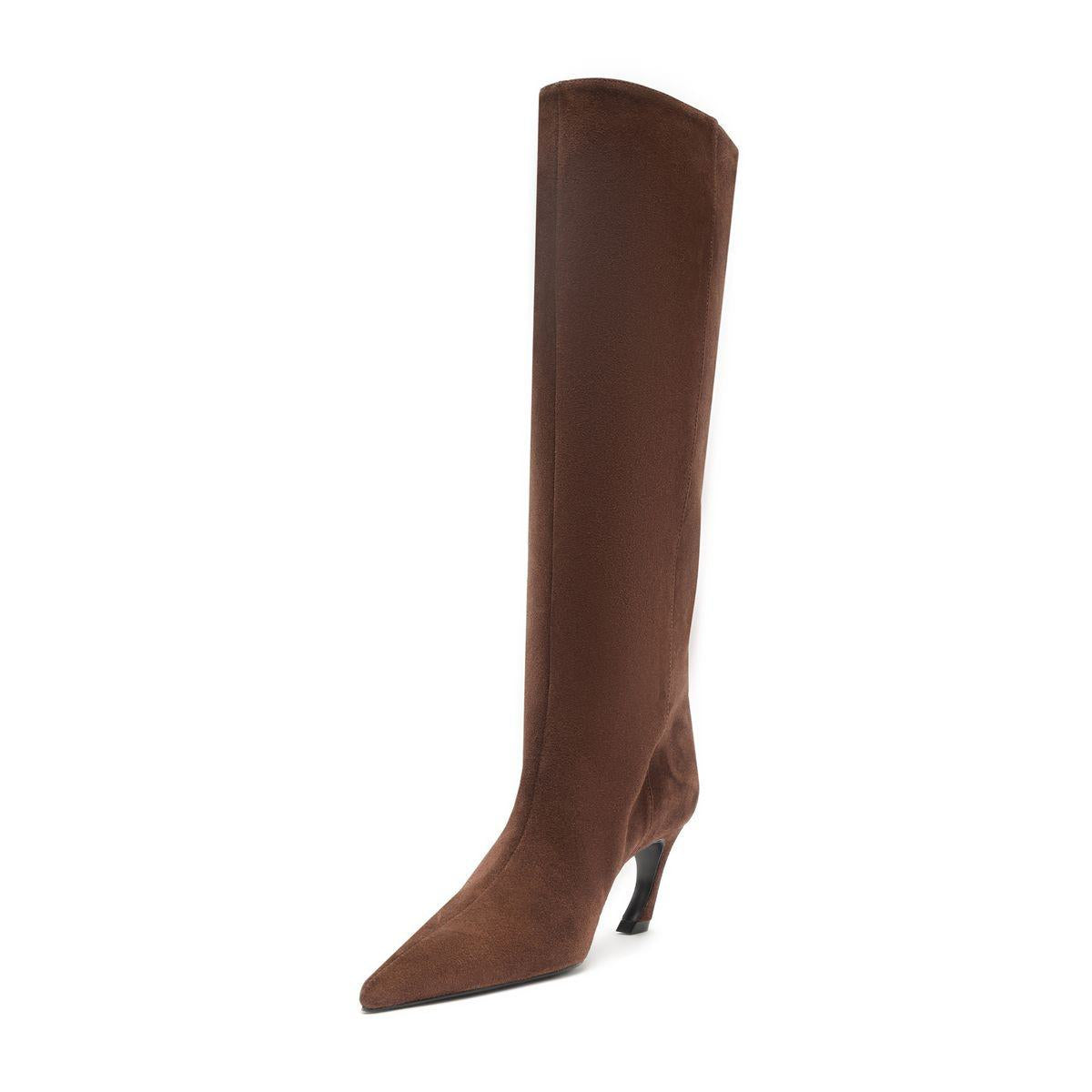 Side view of Lexi Mid Suede Boot in Root Brown showcasing its pointed toe and curved heel on a white background