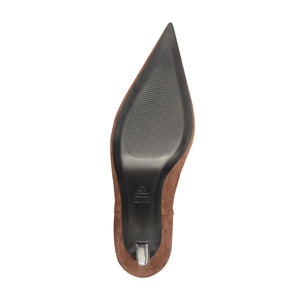 Bottom view of Lexi Mid Suede Boot in Root Brown showcasing textured sole and heel with white background