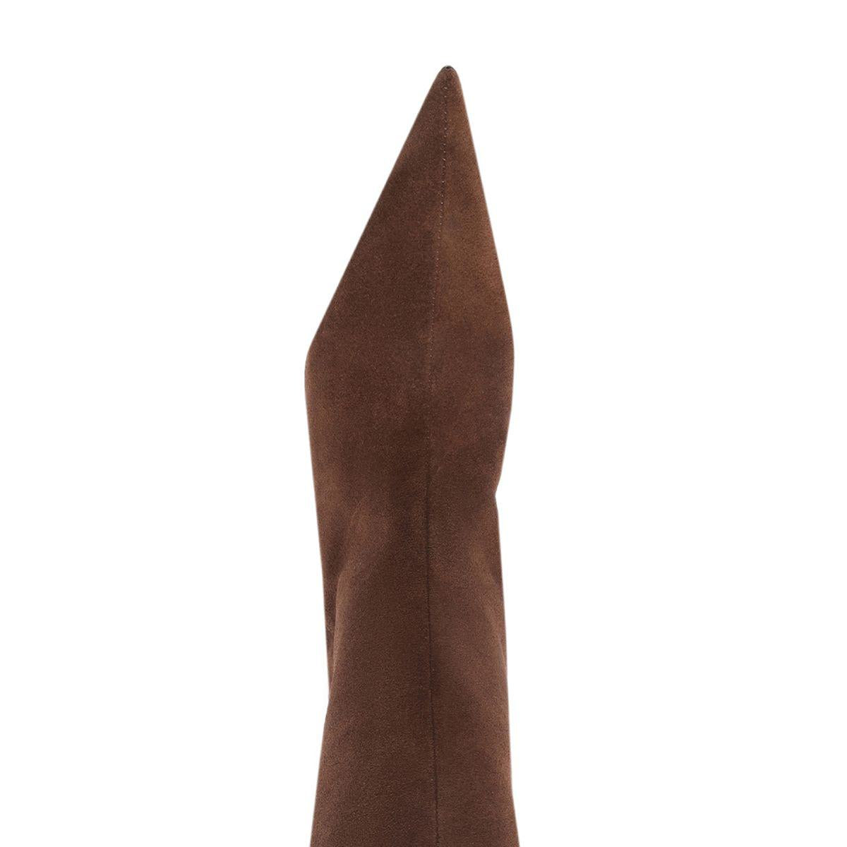 Side view of Lexi mid suede boot in root brown showcasing its pointed toe against a white background
