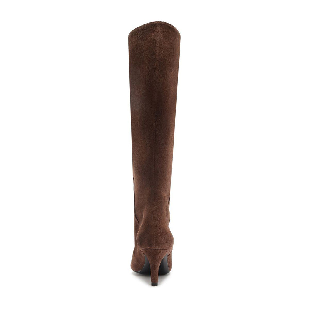 Back view of Lexi Mid Suede Boot in Root Brown showcasing tall shaft and slim heel with white background