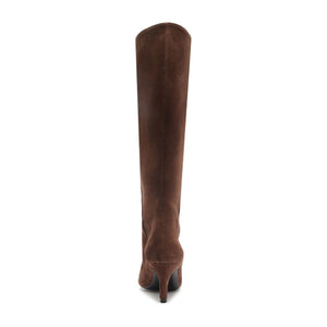 Back view of Lexi Mid Suede Boot in Root Brown showcasing tall shaft and slim heel with white background