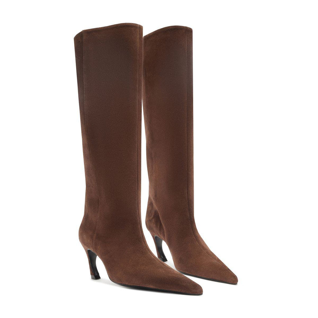 Three-quarter view of Lexi Mid Suede Boot in Root Brown showing tall suede shafts and pointed toes on a white background
