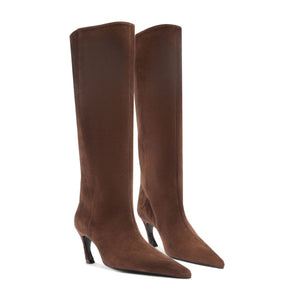 Three-quarter view of Lexi Mid Suede Boot in Root Brown showing tall suede shafts and pointed toes on a white background
