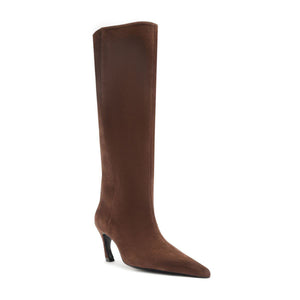 Side view of Lexi Mid Suede Boot in Root Brown showcasing brown suede, tall shaft, pointed toe, and slim heel against white background