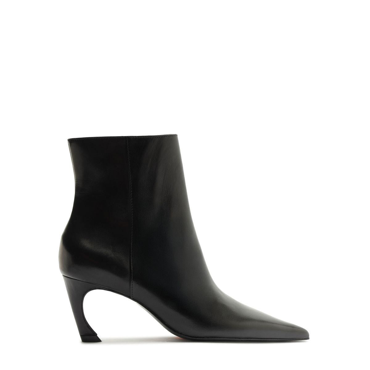 Side view of Lexi Leather Bootie in Black showcasing its sculptural heel and pointed toe with a white background