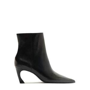 Side view of Lexi Leather Bootie in Black showcasing its sculptural heel and pointed toe with a white background