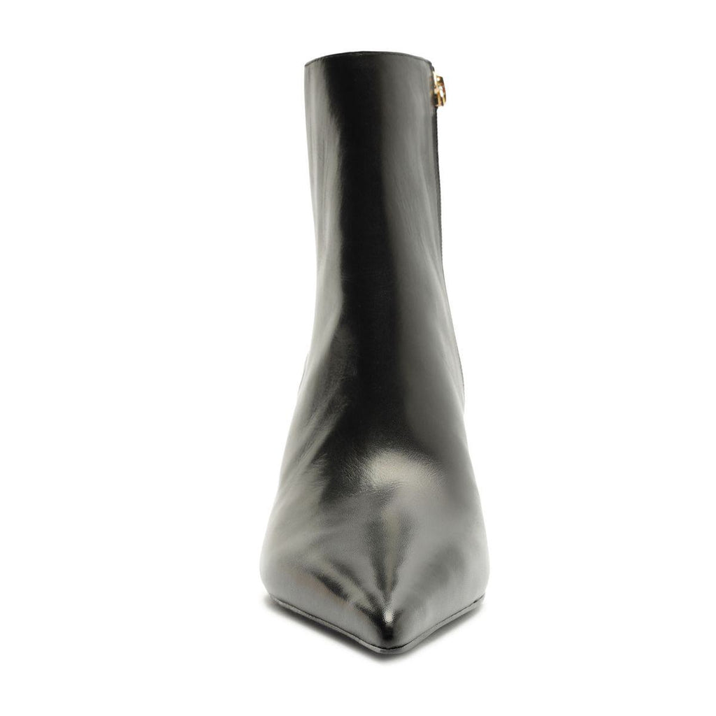Front view of Lexi Leather Bootie in Black showcasing pointed toe and black leather upper with a white background