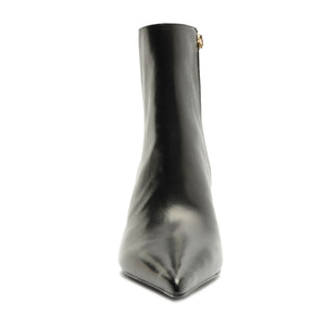 Front view of Lexi Leather Bootie in Black showcasing pointed toe and black leather upper with a white background