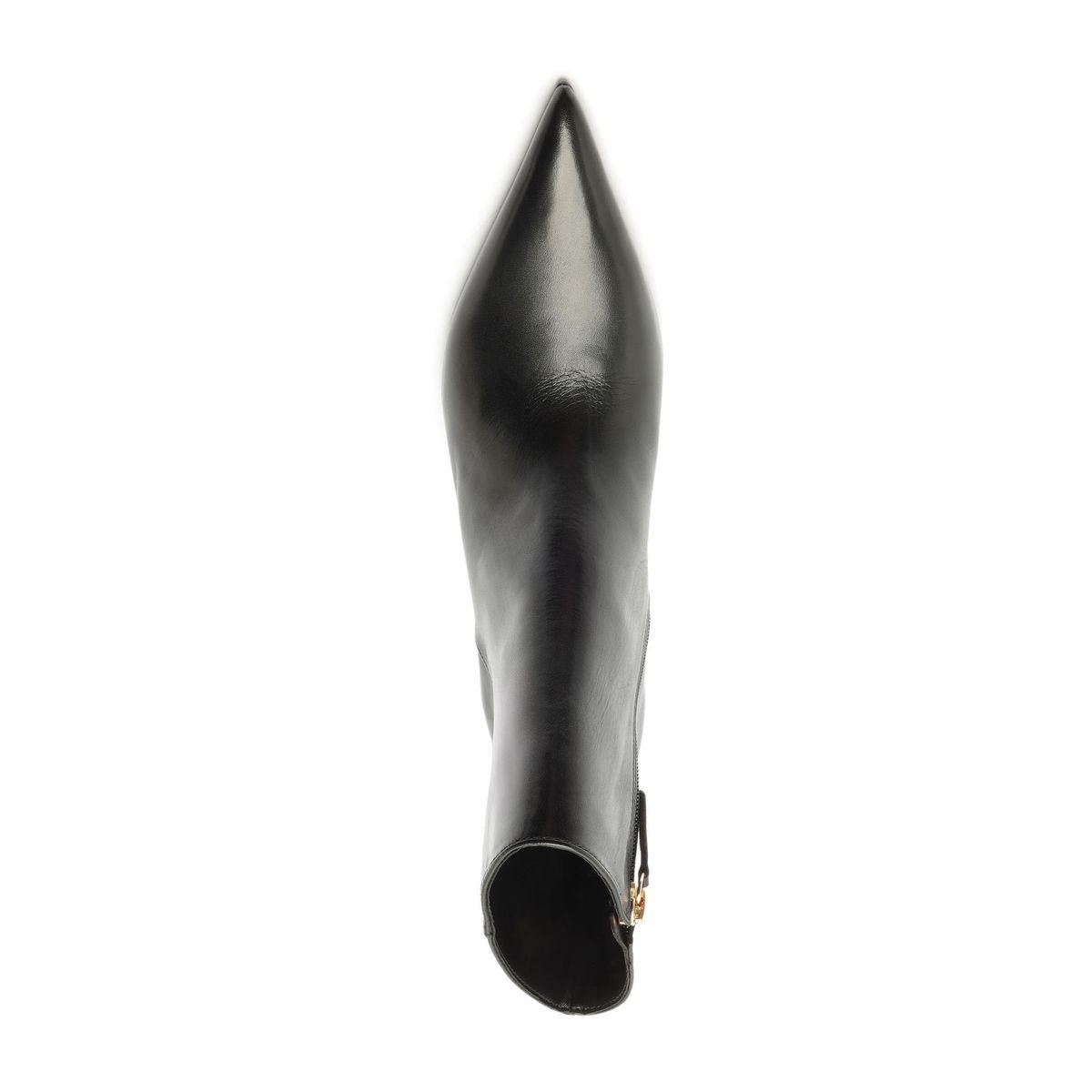 Angled view of Lexi Leather Bootie in black showcasing pointed toe and sculptural heel on a white background