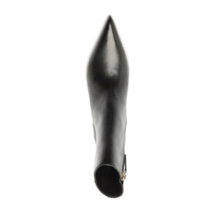 Angled view of Lexi Leather Bootie in black showcasing pointed toe and sculptural heel on a white background