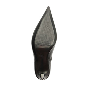 Bottom view of Lexi Leather Bootie in Black showing leather outsole, pointed toe, and sculptural heel on white background
