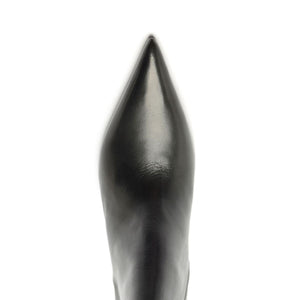 Close-up view of Lexi Leather Bootie in black showcasing its sharply pointed leather toe against a white background