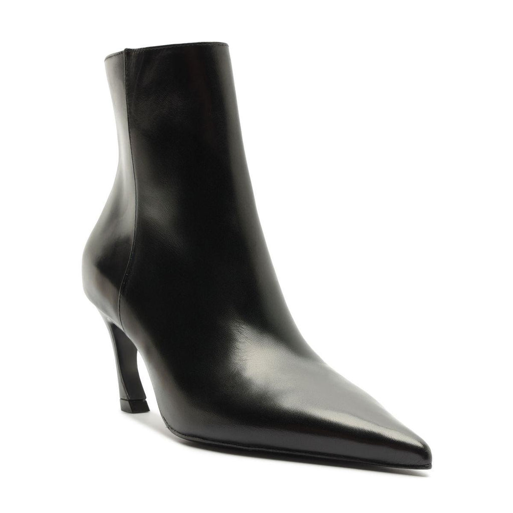 Side view of the Lexi Leather Bootie in black showcasing its pointed toe and sculptural heel on a white background