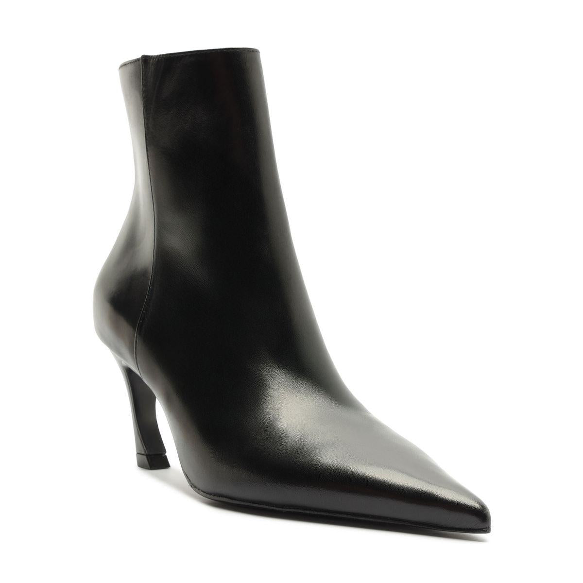 Side view of the Lexi Leather Bootie in black showcasing its pointed toe and sculptural heel on a white background
