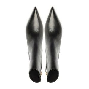 Rear view of Lexi Leather Bootie in Black showcasing sculptural heels and zip closures on a white background