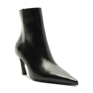 Side view of the Lexi Leather Bootie in black showcasing its pointed toe and sculptural heel on a white background