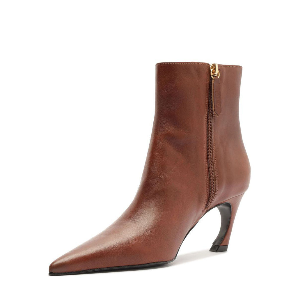 Side view of Lexi Leather Bootie in Warm Toffee showcasing pointed toe, slim heel, and side zipper on a white background
