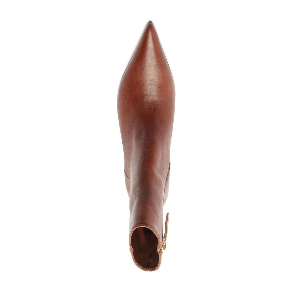 Top-down view of Lexi Leather Bootie in Warm Toffee showcasing its pointed toe and side zipper on a white background