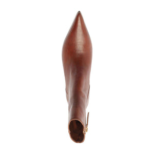 Top-down view of Lexi Leather Bootie in Warm Toffee showcasing its pointed toe and side zipper on a white background