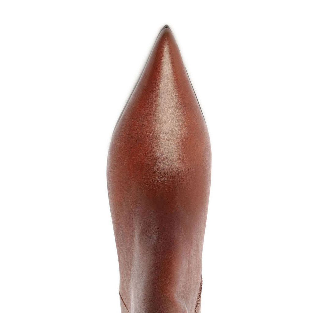 Close-up front view of Lexi Leather Bootie in Warm Toffee showcasing pointed leather toe with white background