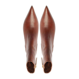 Overhead view of Lexi Leather Bootie in Warm Toffee showcasing pointed toes and side zippers with a white background