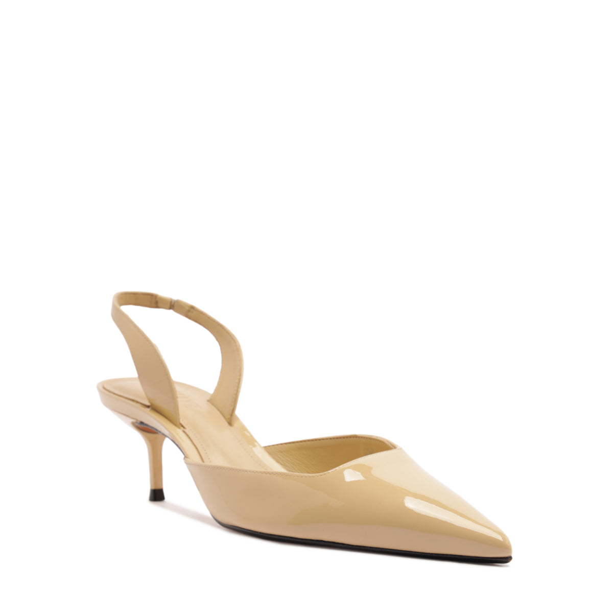 Three-quarter view of Paola Mid Patent Pump in Buff Beige showcasing patent finish, pointed toe and slingback on white background