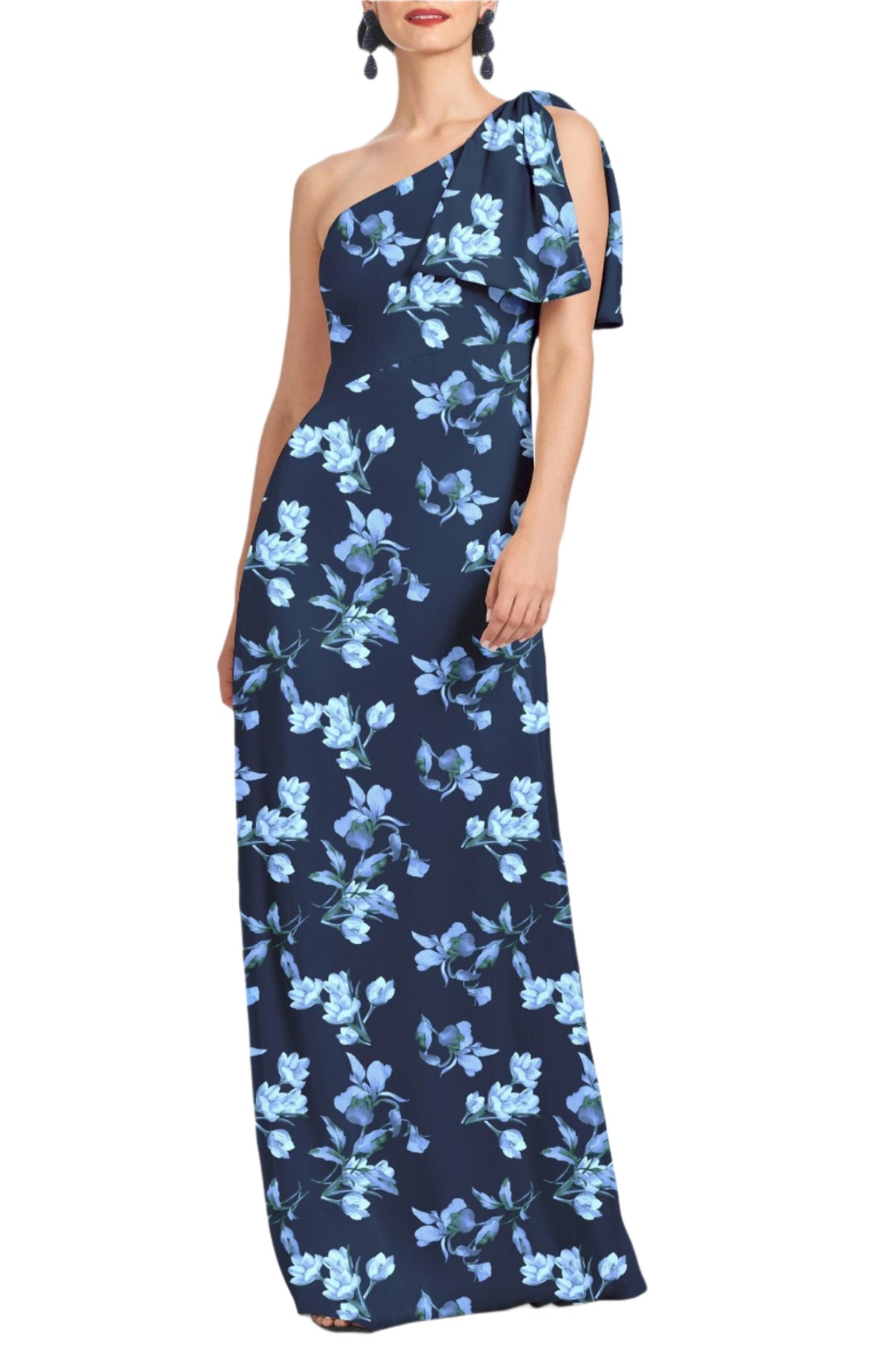 Front view of Chelsea Gown in Poseidon Venetian Petal showcasing its one shoulder neckline and floral print on a white background