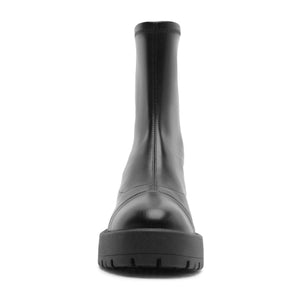 Front view of black Rita bootie showcasing its lug sole and rounded toe against a white background