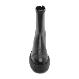 Front view of the black Rita bootie showcasing its round toe and lug sole against a white background