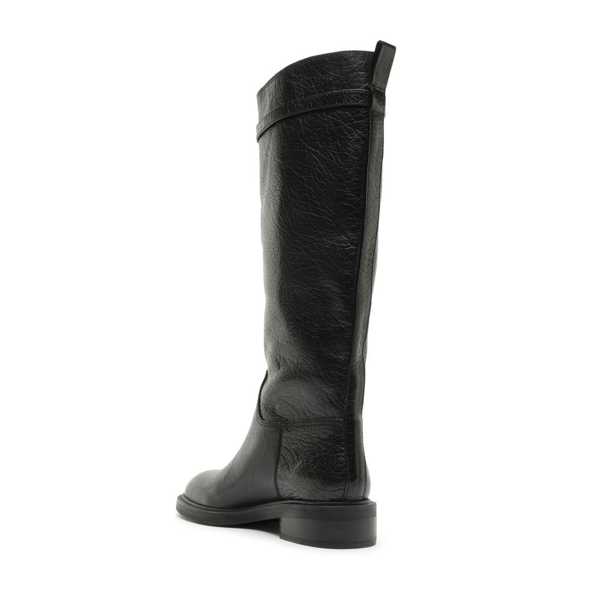 Side view of Bianca Leather Boot in Black showcasing knee-high shaft and low block heel with white background