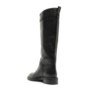 Side view of Bianca Leather Boot in Black showcasing knee-high shaft and low block heel with white background