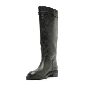 Side view of Bianca Leather Boot in Black showcasing knee-high shaft, round toe, and low block heel on a white background