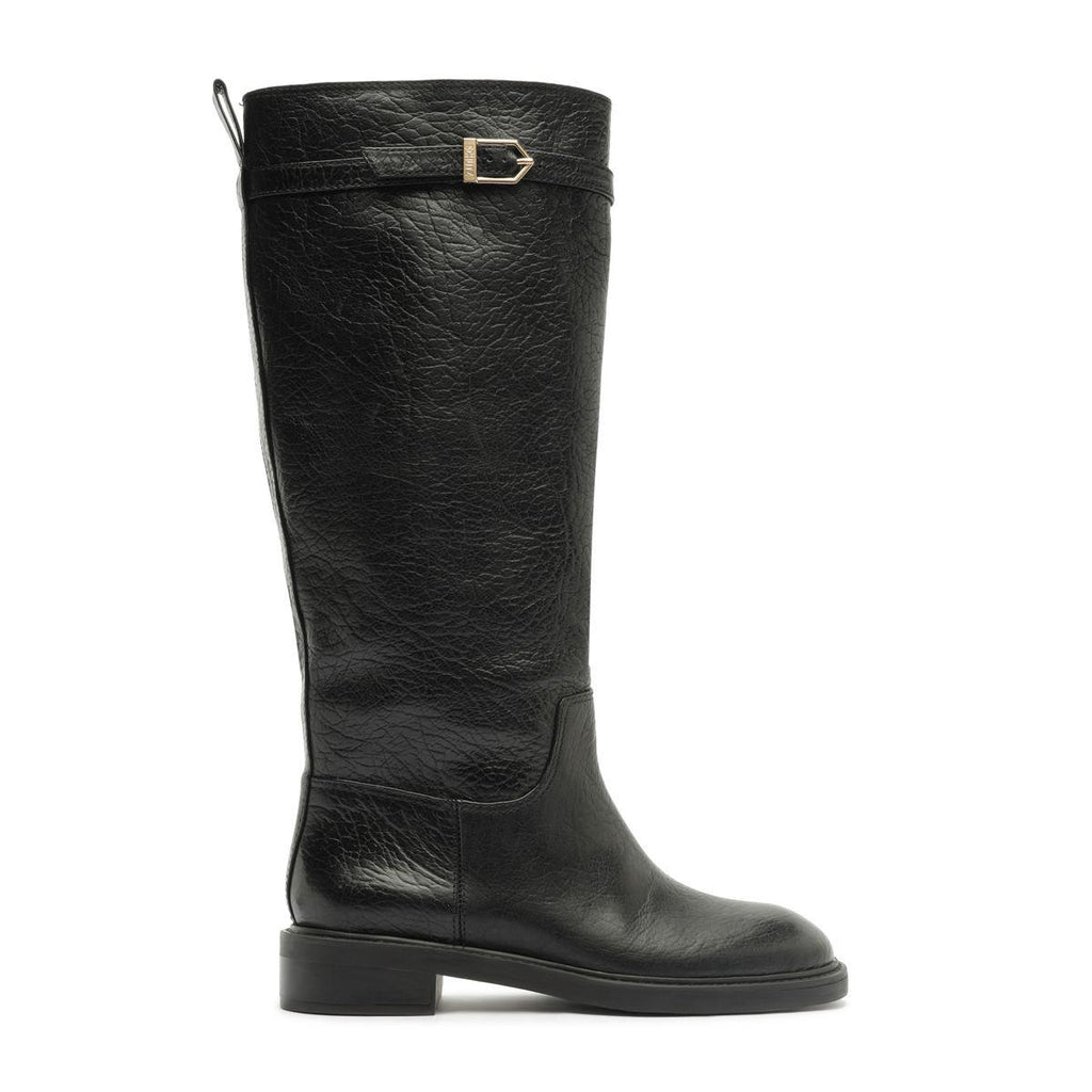 Side view of Bianca leather boot in black showcasing knee-high shaft, rounded toe, and low block heel on white background