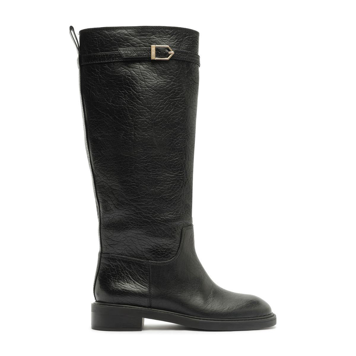 Side view of Bianca leather boot in black showcasing knee-high shaft, rounded toe, and low block heel on white background