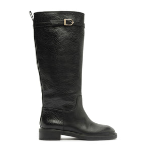 Side view of Bianca leather boot in black showcasing knee-high shaft, rounded toe, and low block heel on white background