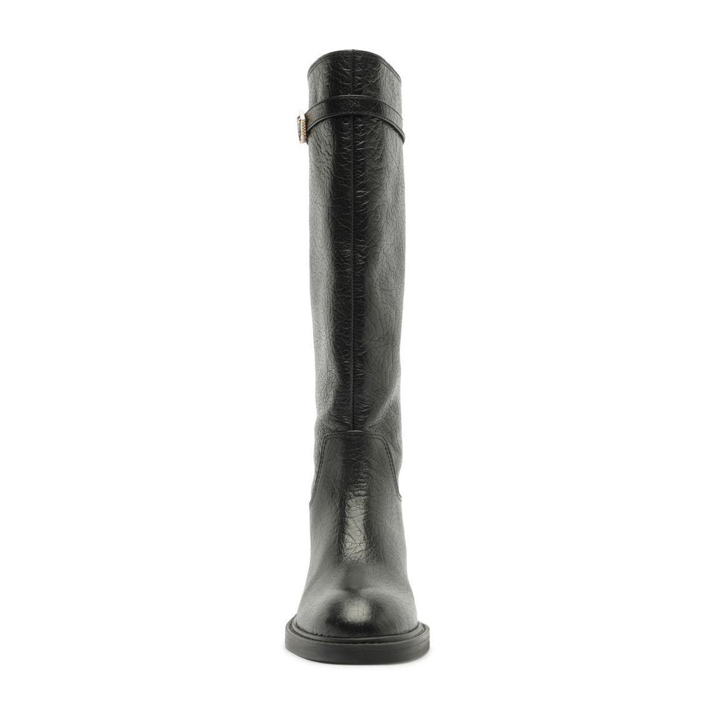 Front view of Bianca Boot in Black showcasing its knee-high shaft and low block heel on a white background