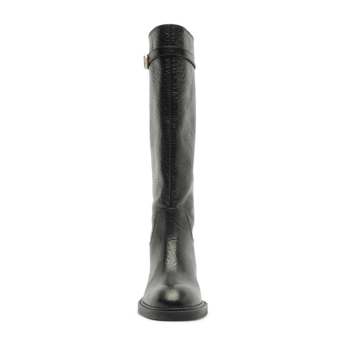 Front view of Bianca Boot in Black showcasing its knee-high shaft and low block heel on a white background
