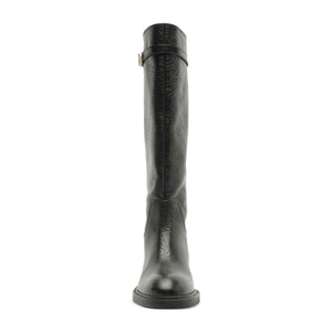Front view of Bianca Boot in Black showcasing its knee-high shaft and low block heel on a white background