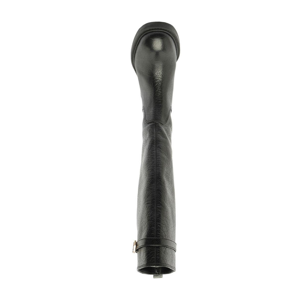 Rear view of black Bianca leather boot showcasing its knee-high shaft and low block heel with a white background