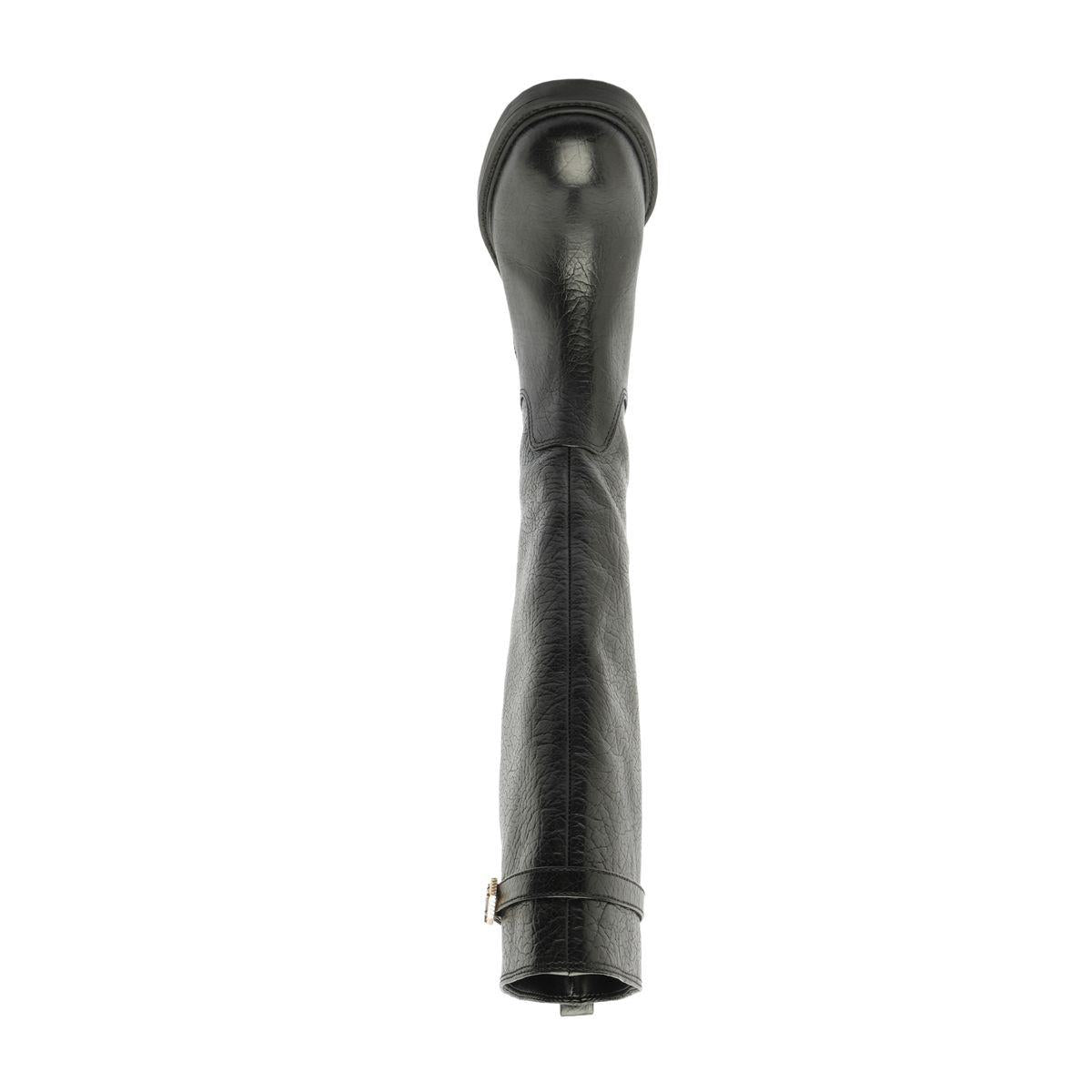 Rear view of black Bianca leather boot showcasing its knee-high shaft and low block heel with a white background