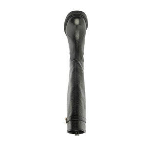 Rear view of black Bianca leather boot showcasing its knee-high shaft and low block heel with a white background