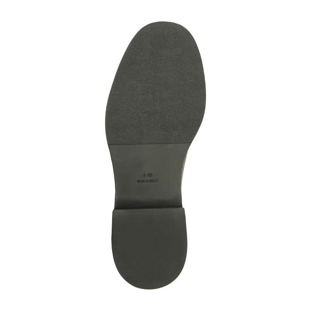 Bottom view of Bianca Leather Boot in Black showcasing the synthetic outsole and low block heel against a white background