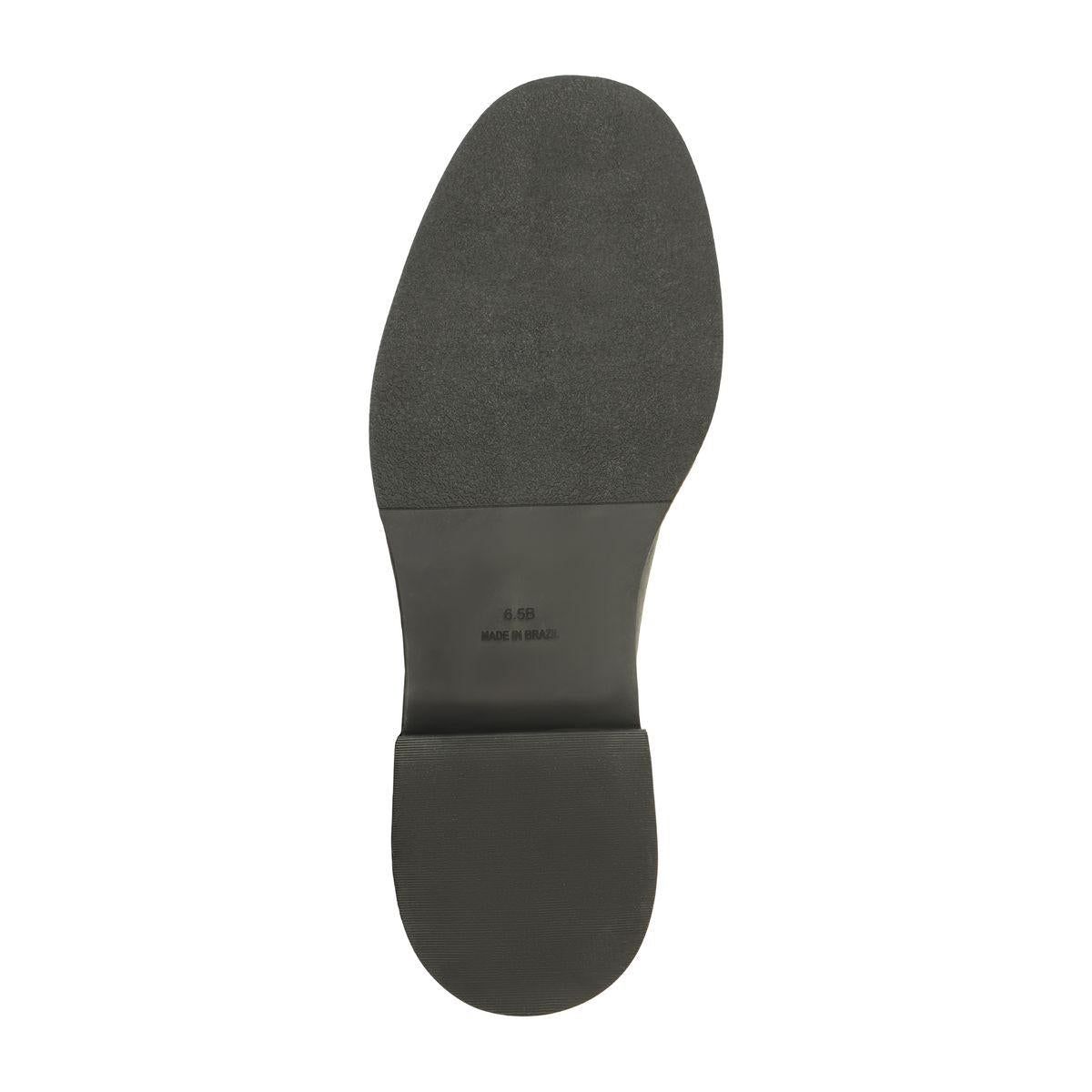 Bottom view of Bianca Leather Boot in Black showcasing the synthetic outsole and low block heel against a white background