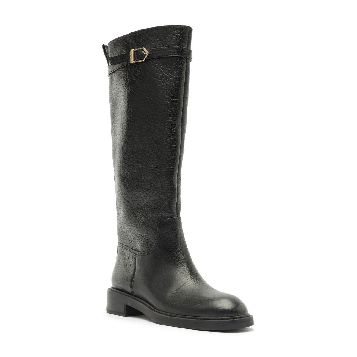 Three-quarter view of the black Bianca boot showing its knee-high shaft, buckle strap, rounded toe, and low block heel on white