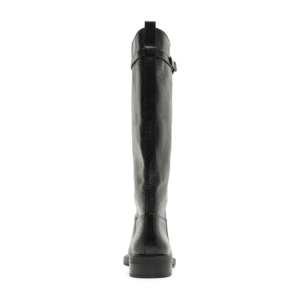 Rear view of Bianca Boot in Black showcasing the knee-high shaft and low block heel with a white background