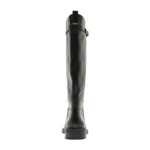 Rear view of Bianca Boot in Black showcasing the knee-high shaft and low block heel with a white background