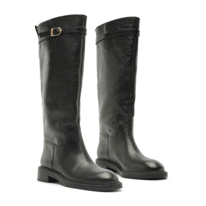 Three-quarter view of the Bianca leather boots in black showcasing knee-high shafts, rounded toes, and low block heels