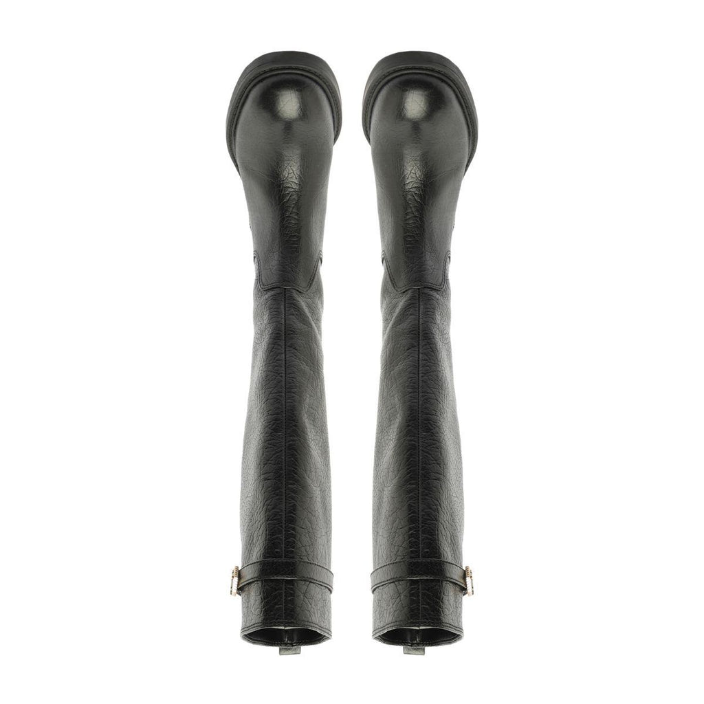 Rear view of the Bianca Leather Boot in Black showcasing its knee-high slip-on design with a white background