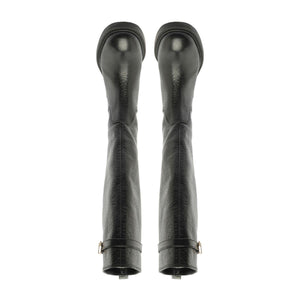 Rear view of the Bianca Leather Boot in Black showcasing its knee-high slip-on design with a white background