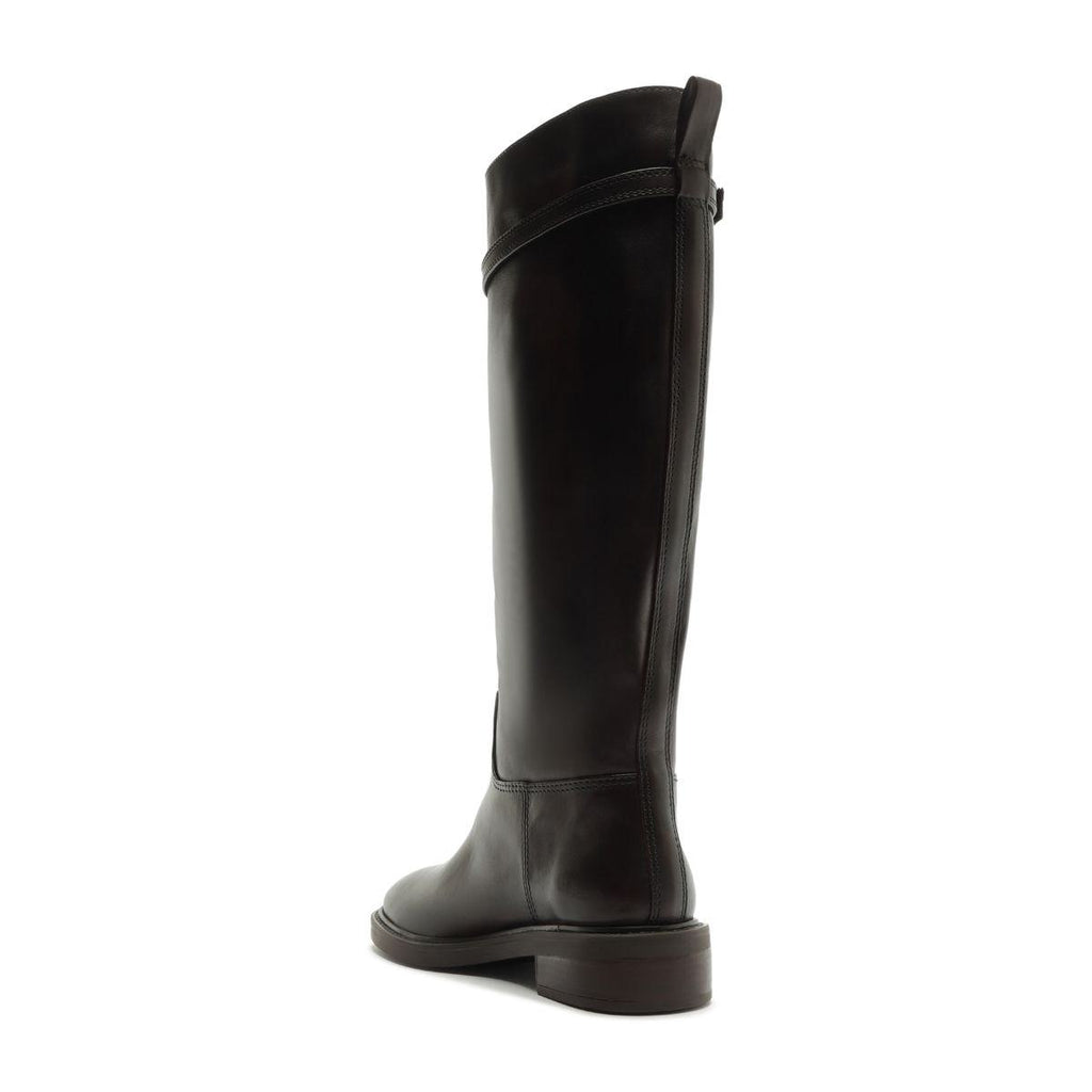 Rear view of Bianca leather boot in Maplewood showcasing its tall shaft and low block heel against a white background
